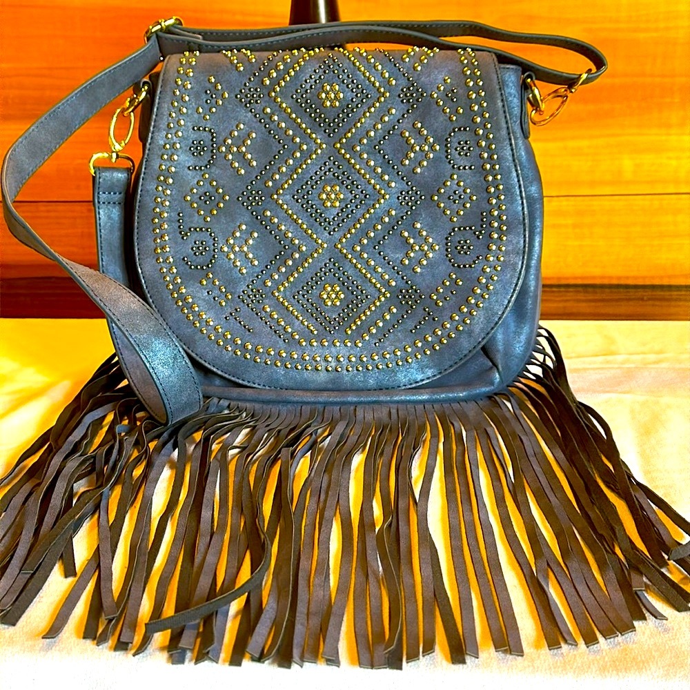 Blue Fringe Purse with Studs